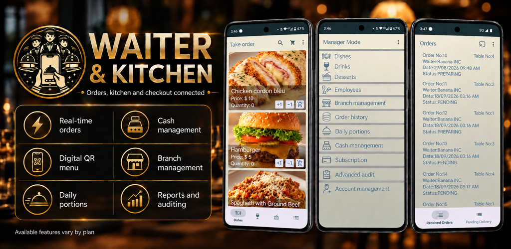 Waiter & Kitchen: order-taking, management, and kitchen screens (in English)